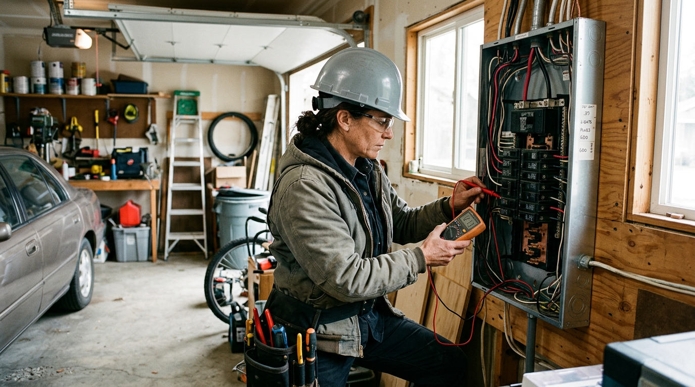 An electrician testing a circuit at a breaker panel
