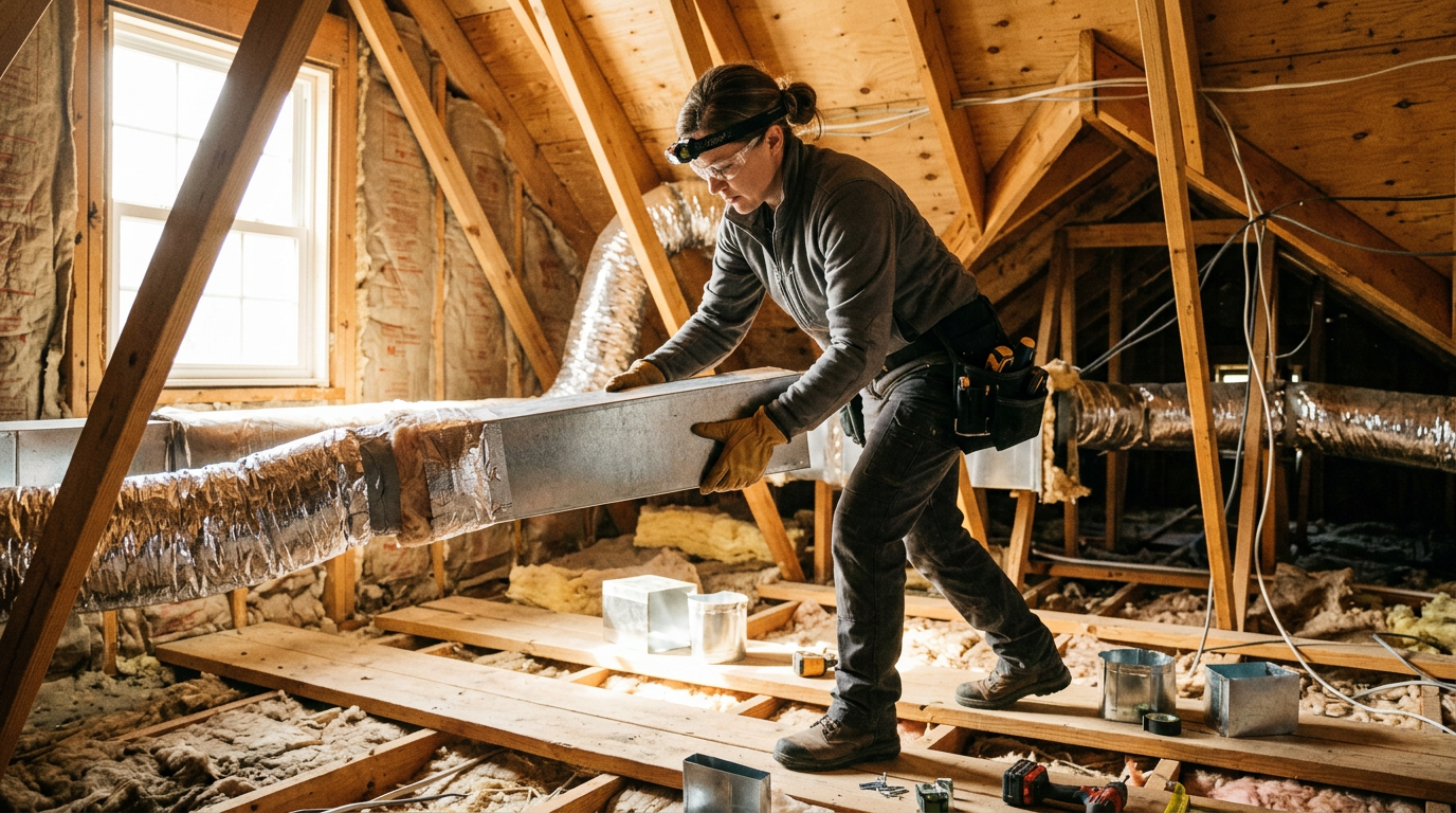 An HVAC technician fitting ductwork in an attic
