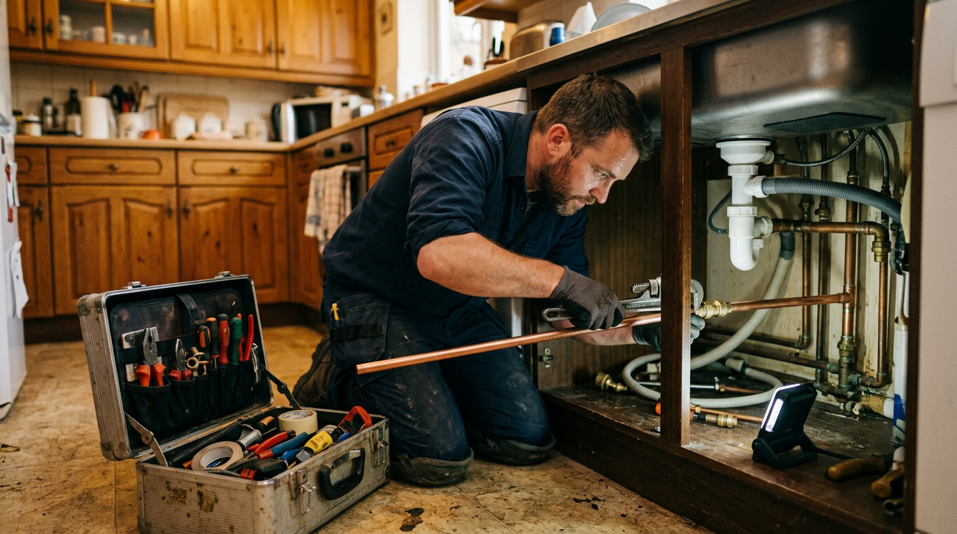 A plumber fitting copper pipe under a kitchen sink