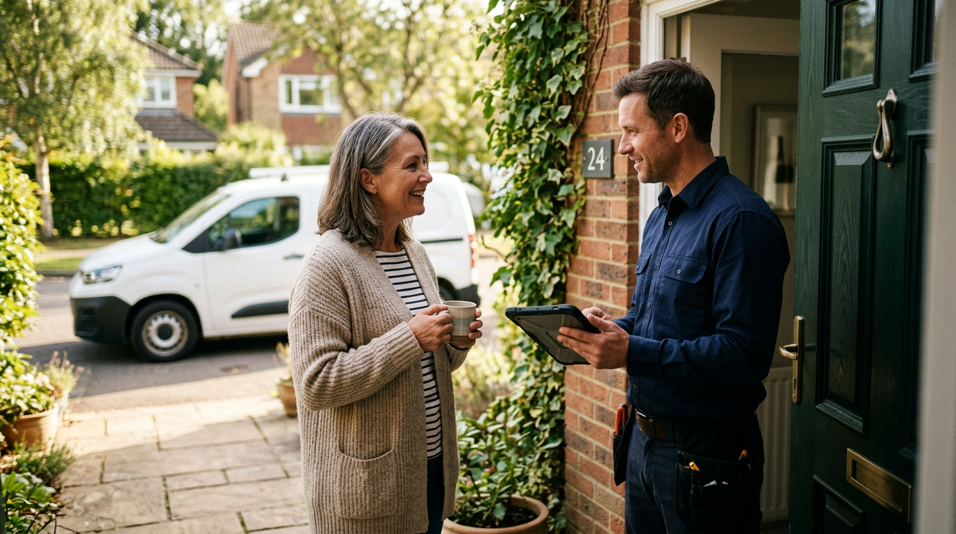 A homeowner holding a mug talks with a plumber at her front door