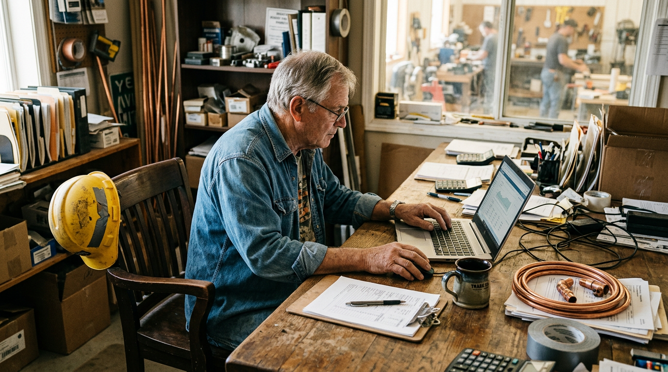 A shop owner at a cluttered desk working on a laptop beside a clipboard and copper pipe