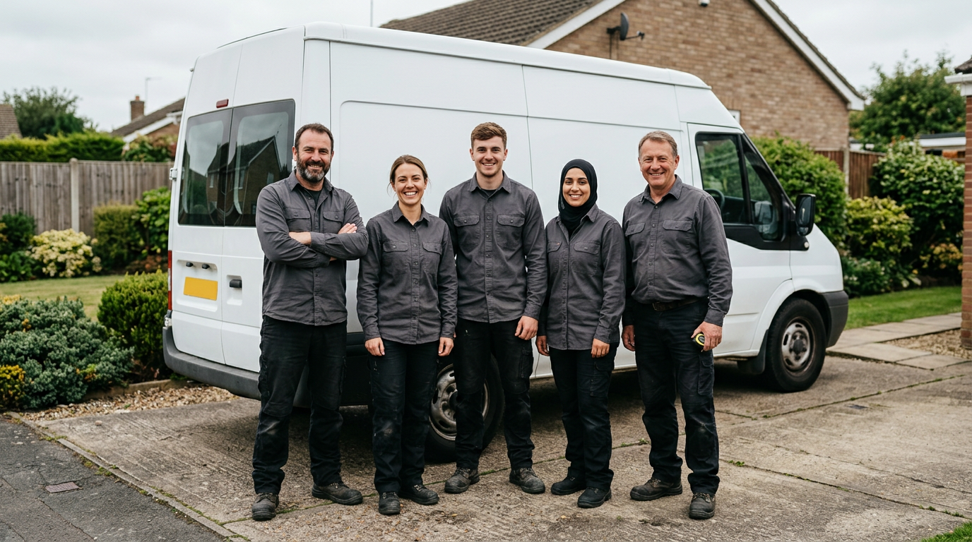 A crew of five tradespeople standing in front of a white van